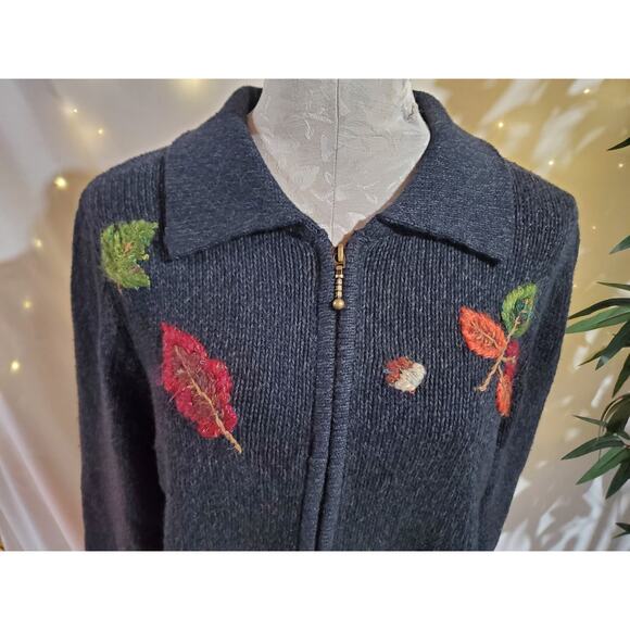 Vtg Mandal Bay Fall Crochet Leaf Acorn Zip Sweater Womens Size M Blue Granny - Picture 2 of 9